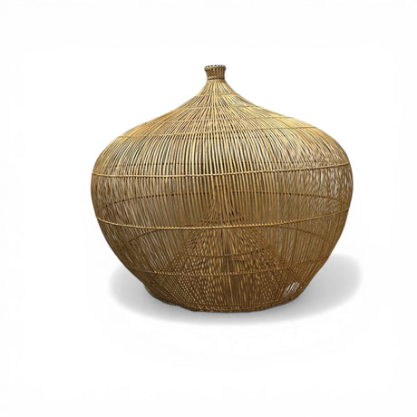 Handwoven natural rattan pendant light featuring a sculptural globe-shaped silhouette with an open-weave design and a warm natural finish. A statement ceiling light that adds texture, warmth, and organic elegance to dining rooms, living spaces, bedrooms, and contemporary coastal or Scandinavian interiors.