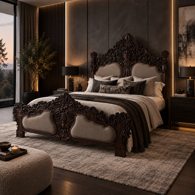 An ornate dark wood bed with a carved headboard and matching footboard, styled in a luxurious bedroom setting with beige upholstered panels, neutral bedding, and ambient warm lighting.