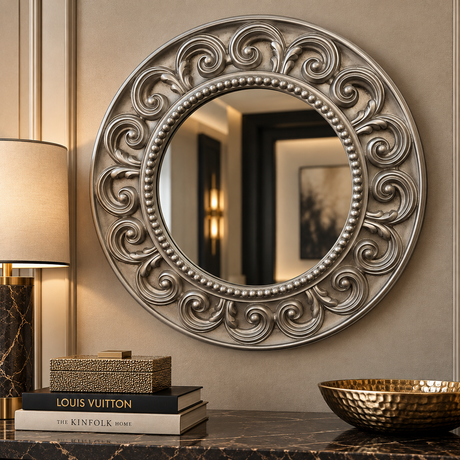 An ornate round wall mirror with a wide, heavily carved silver-toned frame featuring scrollwork and beaded detailing, mounted on a beige wall above a dark marble console with books and a gold bowl.