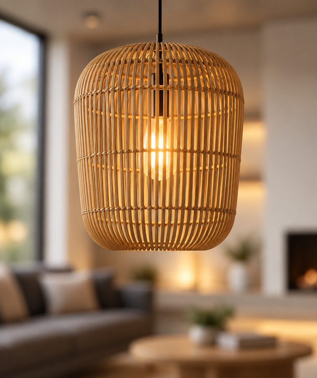 A warm-toned pendant light with a cylindrical rattan or wicker cage shade hanging in a softly blurred living room interior.
