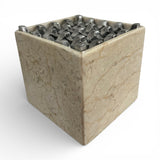 Elegant beige marble potpourri bowl featuring a square natural stone design with a polished finish and a decorative silver metal lattice lid. A sophisticated decorative accent perfect for coffee tables, consoles, bathrooms, shelves, and luxury living spaces.