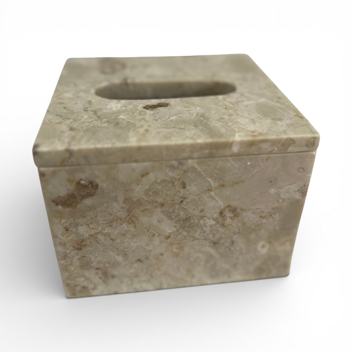Elegant beige marble tissue box cover featuring a polished natural stone finish with subtle natural veining and a sleek rectangular tissue opening. A timeless home accessory that adds sophistication to bathrooms, bedrooms, offices, living rooms, and luxury interiors.