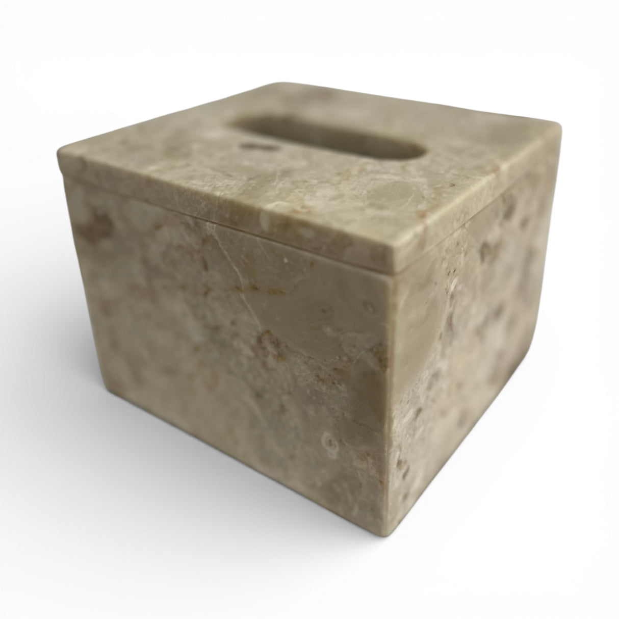 Elegant beige marble tissue box cover featuring a polished natural stone finish with subtle natural veining and a sleek rectangular tissue opening. A timeless home accessory that adds sophistication to bathrooms, bedrooms, offices, living rooms, and luxury interiors.