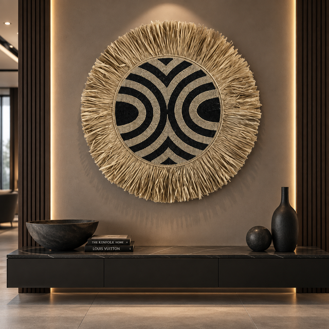 A large round woven wall art piece with a natural straw border and a black geometric circular center, displayed above a dark console table in a modern interior setting.