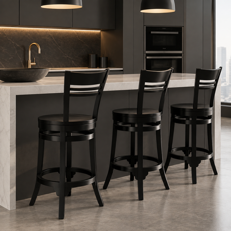 Three black wooden bar stools with ladder-style backrests, round seats, curved legs, and circular footrests beside a kitchen island.