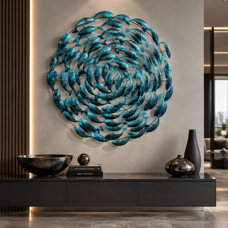 A large circular metal wall sculpture depicting swirling fish in a vibrant turquoise and teal finish, mounted on a light beige wall above a modern dark wood console table with decorative bowls and vases.