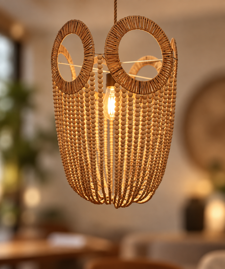 A bohemian-style pendant light made of woven natural rattan and hanging wooden beads, suspended in a warm, softly blurred interior setting.