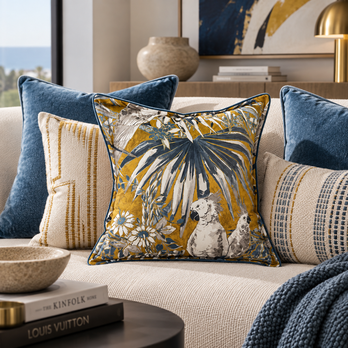 A decorative square throw pillow with a navy blue border and a tropical palm leaf and dog pattern in mustard yellow, cream, and blue, styled on a beige sofa with other blue and striped pillows.
