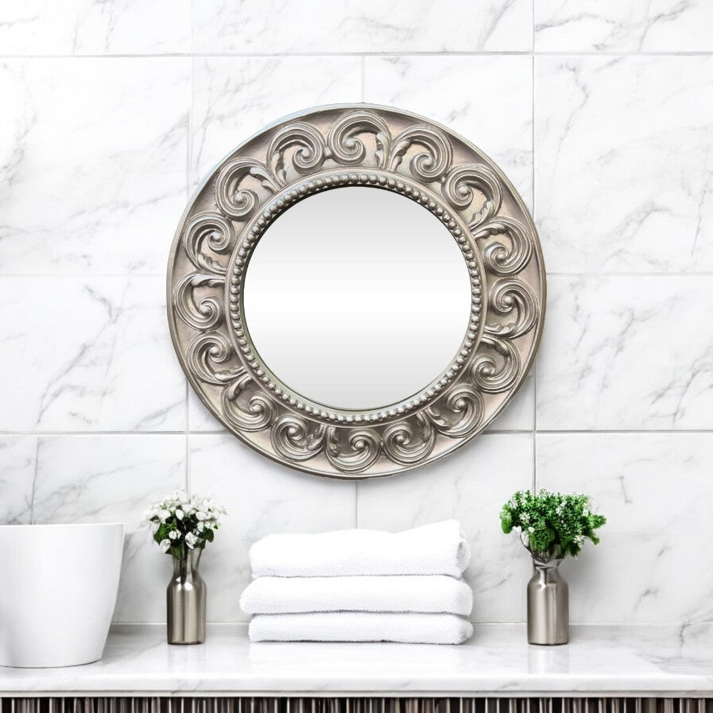 LS05 Silver Mirror with Ornately Decorated Frame | Round 52x52cm