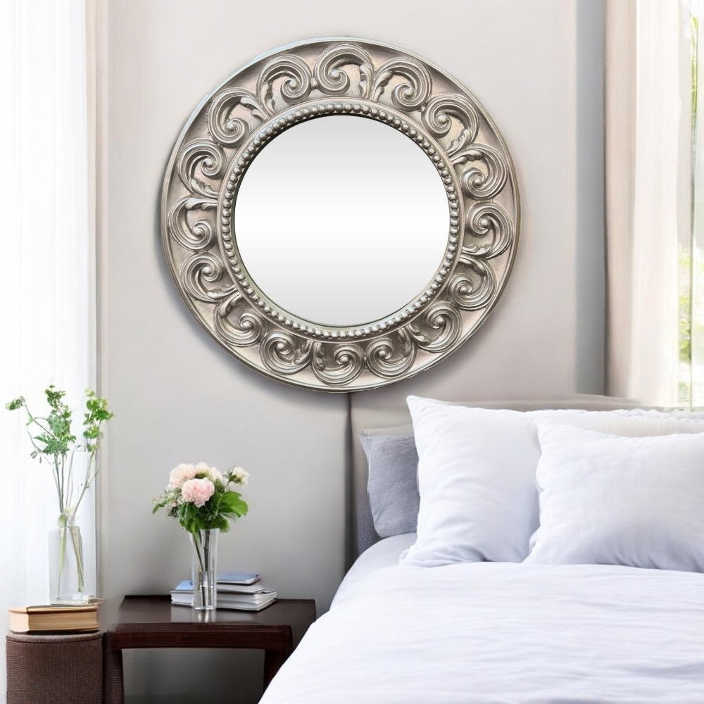 LS05 Silver Mirror with Ornately Decorated Frame | Round 52x52cm