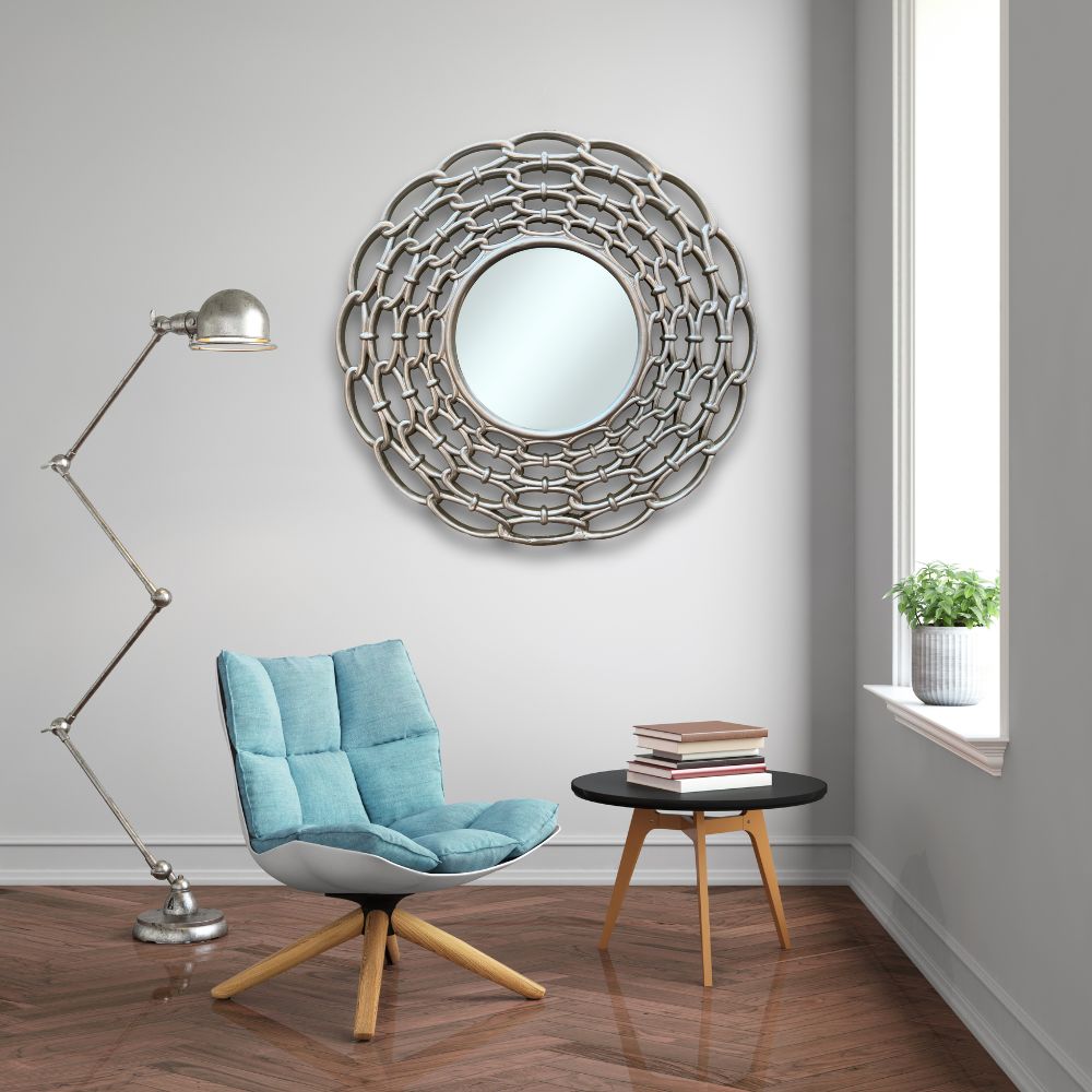 LS23 Mirror with Ornately Decorated Frame | Round Silver 63x63cm