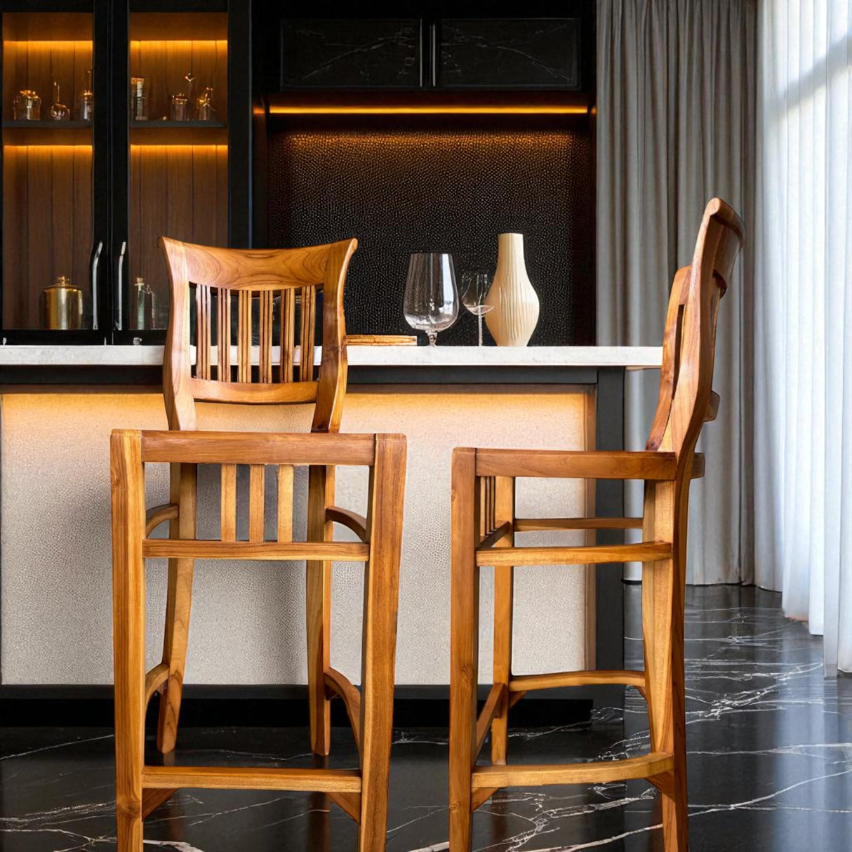 WOODEN TEAK ITALY BAR STOOL WITH SLANTED ARMRESTS