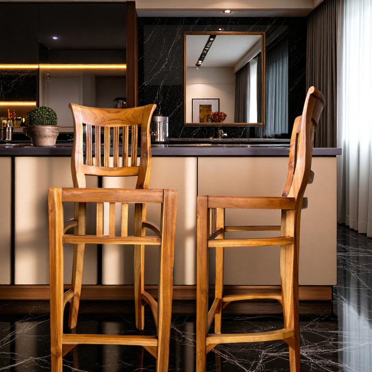 WOODEN TEAK ITALY BAR STOOL WITH SLANTED ARMRESTS