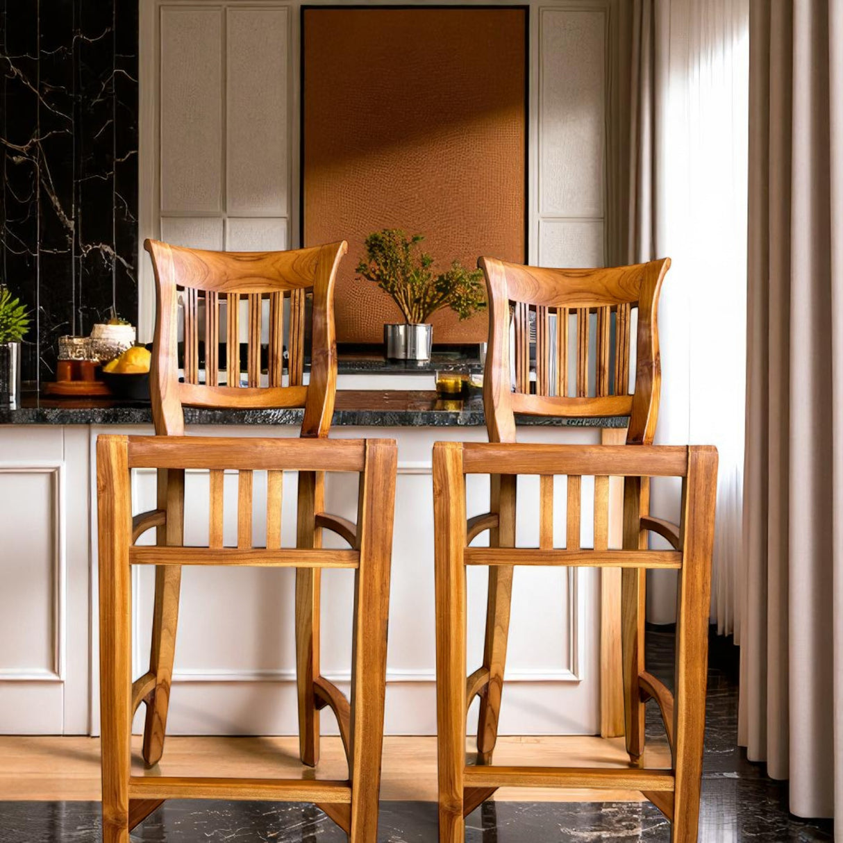 WOODEN TEAK ITALY BAR STOOL WITH SLANTED ARMRESTS