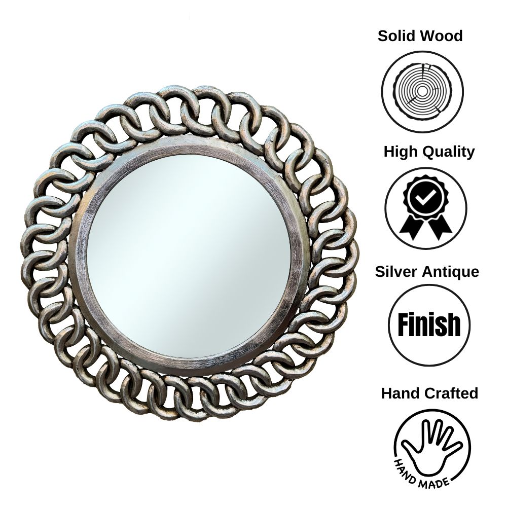 Rd Tali Jenny Round Mirror | Silver Antique with Ornately Decorated Frame