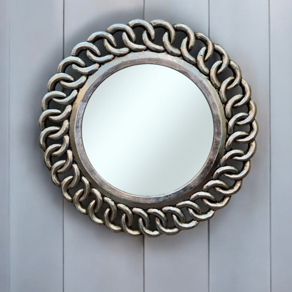 Rd Tali Jenny Round Mirror | Silver Antique with Ornately Decorated Frame