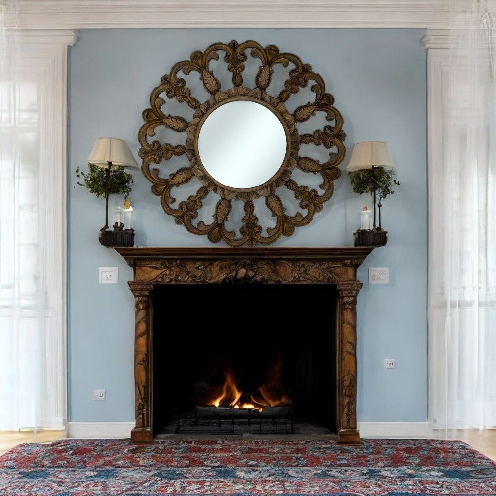 Horizon Round Mirror | Brown Kuno Bali with Ornately Decorated Frame 120x120cm