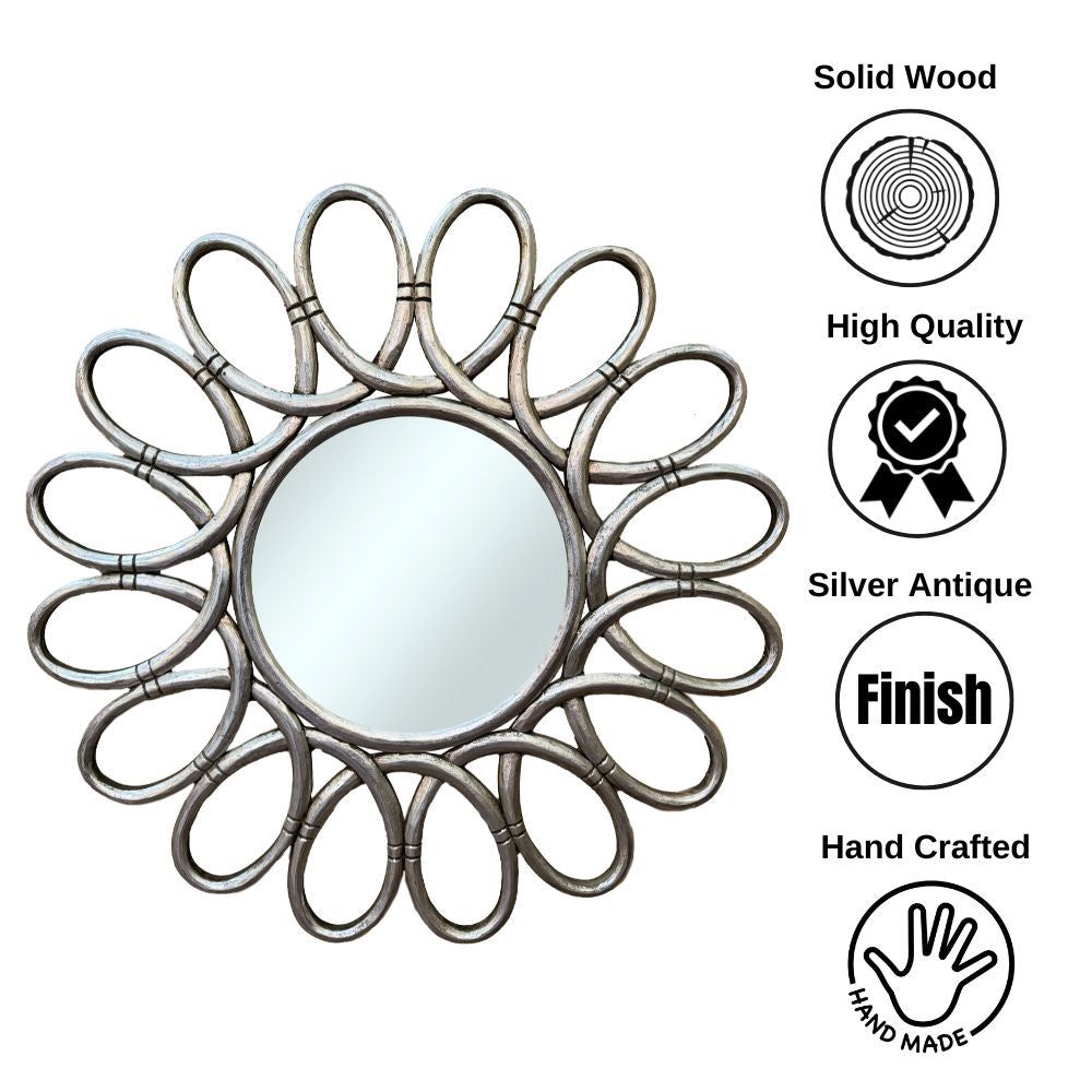 Round Madrid Mirror 120x120cm | Silver Antique with Ornately Decorated Frame