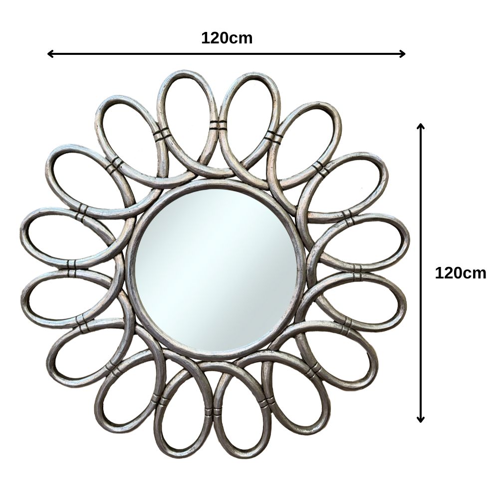 Round Madrid Mirror 120x120cm | Silver Antique with Ornately Decorated Frame