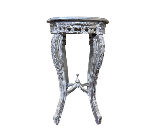 Round Side Table Carved | Silver Wash