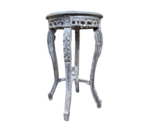 Round Side Table Carved | Silver Wash