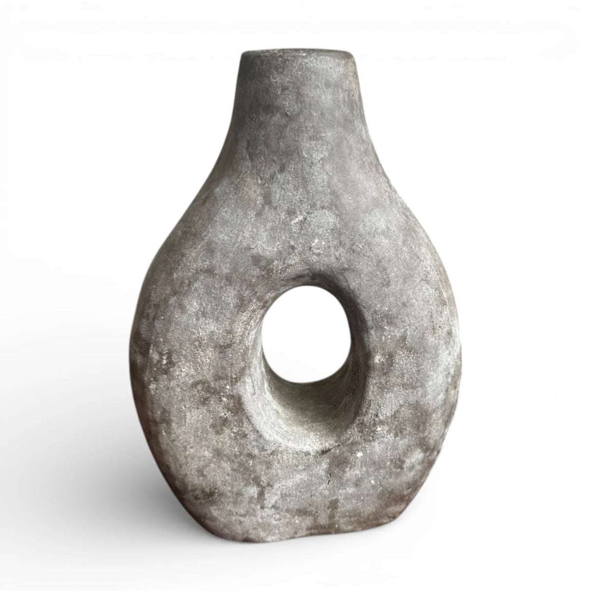 Charcoal donut decorative vase featuring a sculptural circular cut-out, rounded organic silhouette, and textured stone-effect finish. A modern statement décor piece ideal for dried botanicals, shelves, consoles, coffee tables, and Scandinavian, wabi-sabi, industrial, or contemporary home interiors.