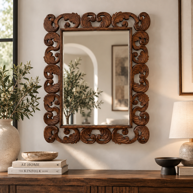 An ornate rectangular wall mirror with a carved dark brown wooden frame, mounted on a beige wall above a wooden console table with books, a lamp, and a vase.