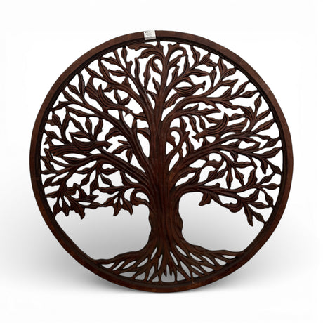 Round Tree of Life wall art panel crafted from carved wood in a rich walnut finish, featuring intricately detailed branches and exposed roots within a circular frame, perfect for adding warmth and timeless elegance to living rooms, bedrooms, hallways, or offices.