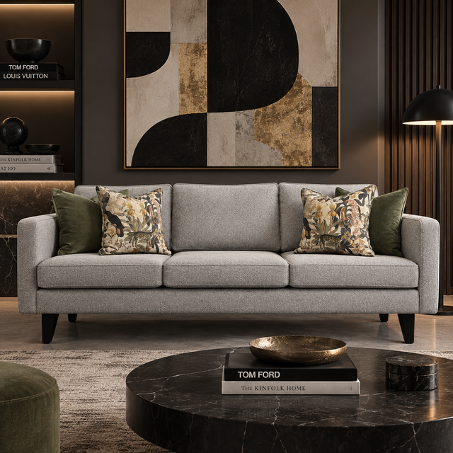 A modern three-seat sofa in light gray fabric with black legs, styled in a contemporary living room. The sofa is decorated with two olive green throw pillows and two patterned floral pillows, set against a dark wall with a large abstract art piece and a round black marble coffee table in the foreground.