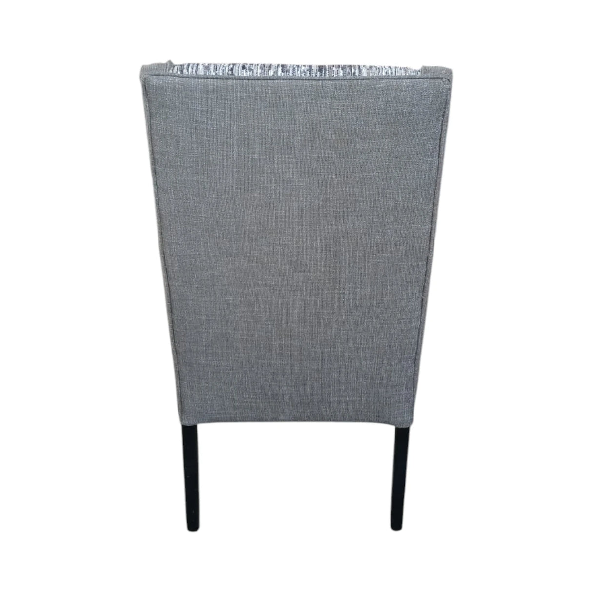 Modern high-back dining chair upholstered in textured grey fabric with contrasting patterned seat and backrest panels. Featuring gently curved wingback sides and sleek dark wooden legs, this elegant chair is ideal for dining rooms, restaurants, boutique hotels, or contemporary interiors.