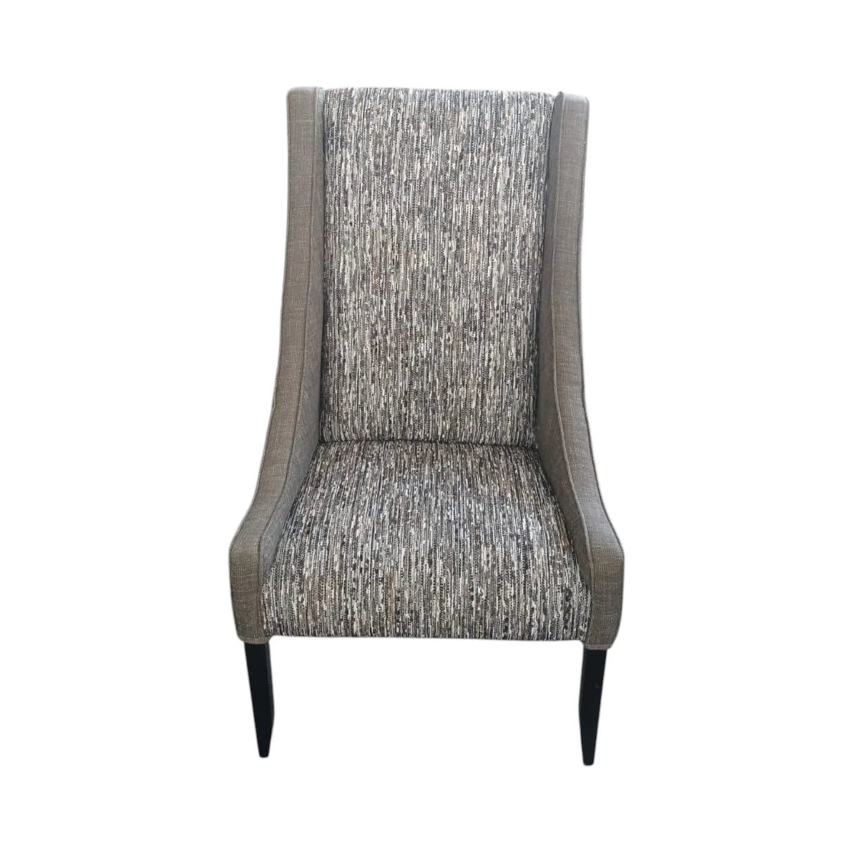 Modern high-back dining chair upholstered in textured grey fabric with contrasting patterned seat and backrest panels. Featuring gently curved wingback sides and sleek dark wooden legs, this elegant chair is ideal for dining rooms, restaurants, boutique hotels, or contemporary interiors.