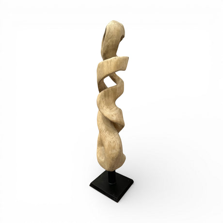 Contemporary abstract sculpture handcrafted from solid natural wood, featuring a flowing spiral ribbon design mounted on a sleek black display stand. This artistic statement piece adds organic texture and modern elegance to living rooms, offices, boutique hotels, entryways, or luxury interiors.