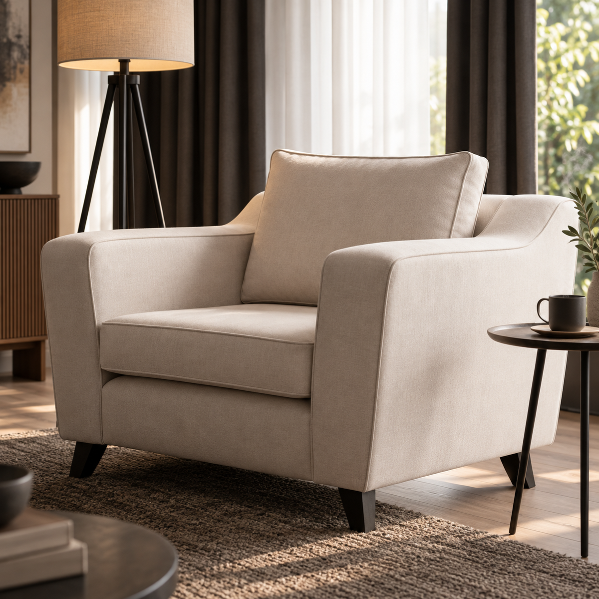 A light beige upholstered armchair with a matching back cushion, shown in a styled living room setting with a floor lamp, curtains, rug, and side table.