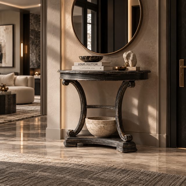 A dark carved console table in a luxurious entryway, styled with a round mirror, books, a bowl, and a small sculpture. The table features elegant curved legs and a lower shelf with a stone bowl, set against a warm beige wall with a large round mirror.