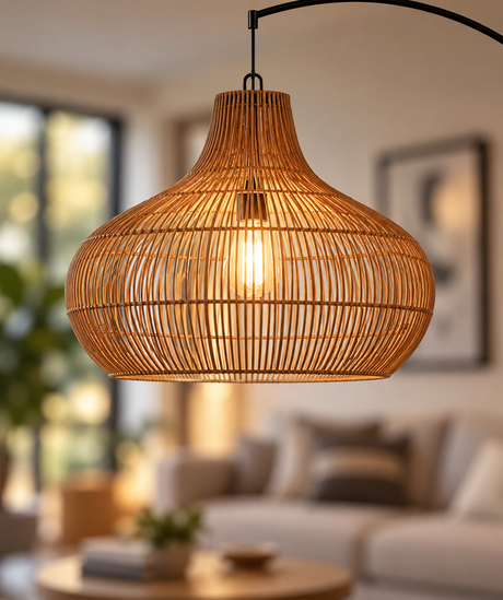 A woven rattan pendant light with a warm glowing bulb inside, hanging in a softly blurred living room setting.