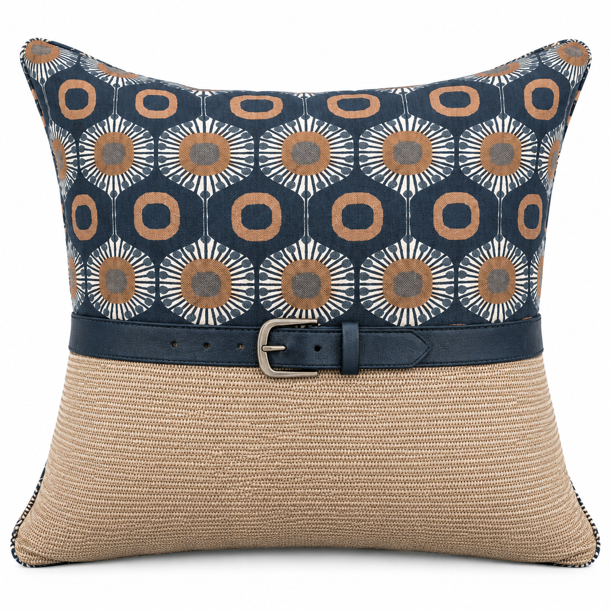 Geometric Navy &amp; Beige Belted Scatter Cushion