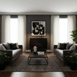 Elegant dark brown leather sofa with clean lines, slim black legs, and plush cushions, styled in a sophisticated contemporary living room.