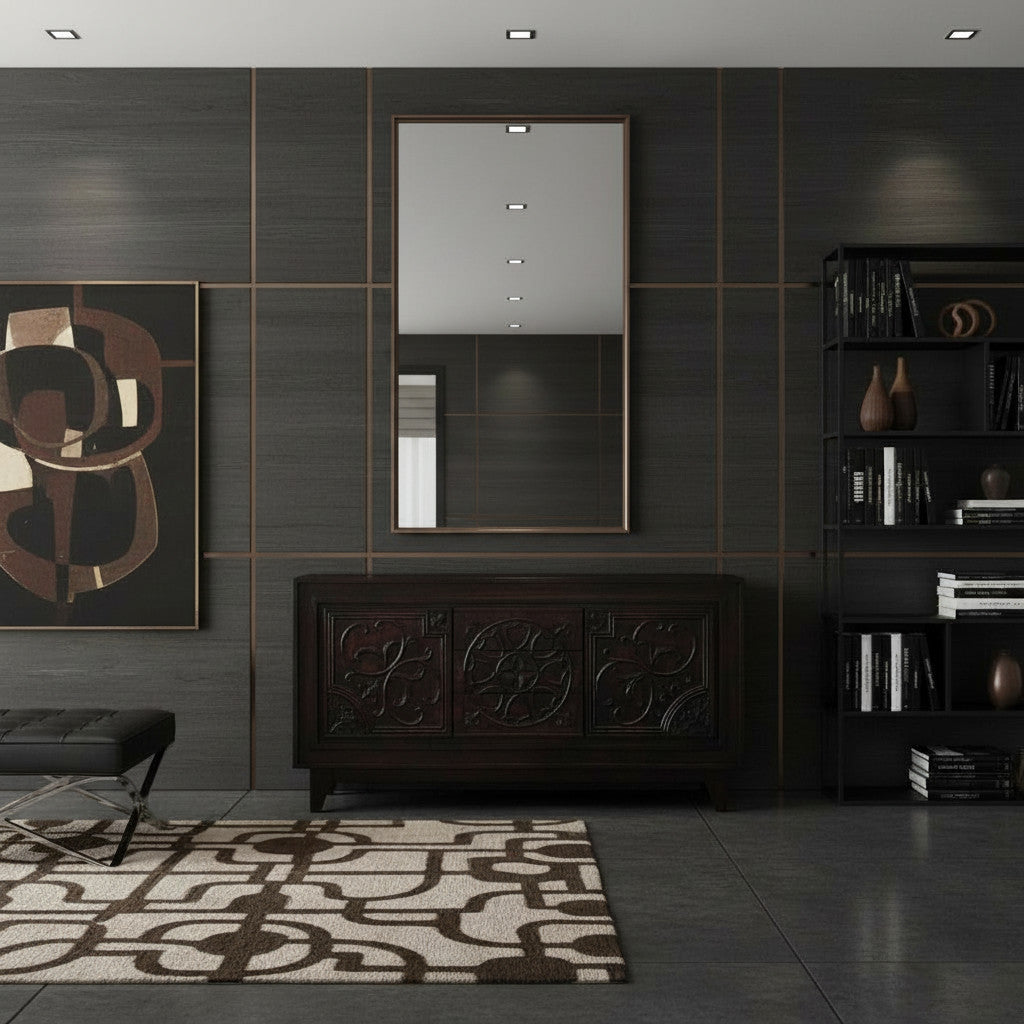 Elegant dark wood sideboard featuring three cabinet doors with intricate hand-carved floral detailing, styled in a sophisticated contemporary interior.