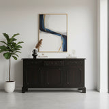 Elegant dark wood sideboard featuring three drawers, three cabinet doors, refined panel detailing, and a classic raised base, styled in a sophisticated modern interior.
