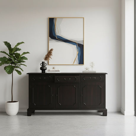 Elegant dark wood sideboard featuring three drawers, three cabinet doors, refined panel detailing, and a classic raised base, styled in a sophisticated modern interior.