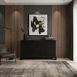 Elegant dark wood sideboard featuring three drawers, three cabinet doors, refined panel detailing, and a classic raised base, styled in a sophisticated modern interior.