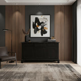 Elegant dark wood sideboard featuring three drawers, three cabinet doors, refined panel detailing, and a classic raised base, styled in a sophisticated modern interior.