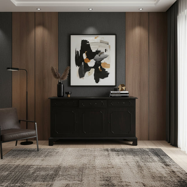 Elegant dark wood sideboard featuring three drawers, three cabinet doors, refined panel detailing, and a classic raised base, styled in a sophisticated modern interior.