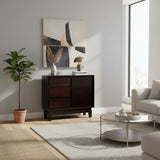 Elegant dark wood sideboard featuring clean cabinet doors, integrated drawers, and short wooden legs, styled in a bright contemporary living room.