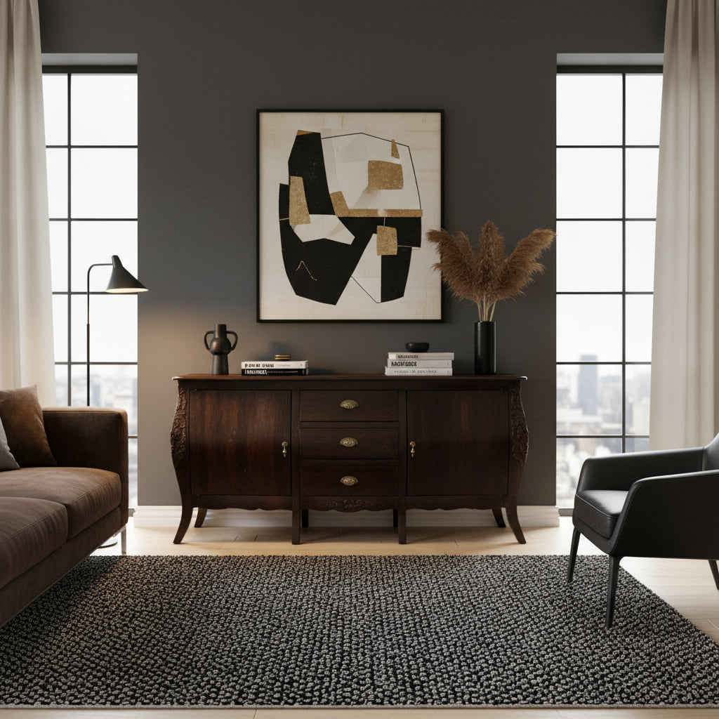 Elegant dark wood sideboard featuring three central drawers, two cabinet doors, brass hardware, curved legs, and subtle carved detailing for a sophisticated classic look.