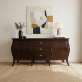 Elegant dark wood sideboard featuring three central drawers, two cabinet doors, brass hardware, curved legs, and subtle carved detailing for a sophisticated classic look.