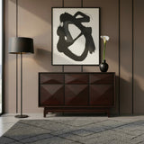 Elegant dark wood sideboard featuring three cabinet doors with raised geometric diamond detailing, clean lines, and short wooden legs for a sophisticated contemporary interior.