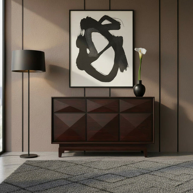 Elegant dark wood sideboard featuring three cabinet doors with raised geometric diamond detailing, clean lines, and short wooden legs for a sophisticated contemporary interior.