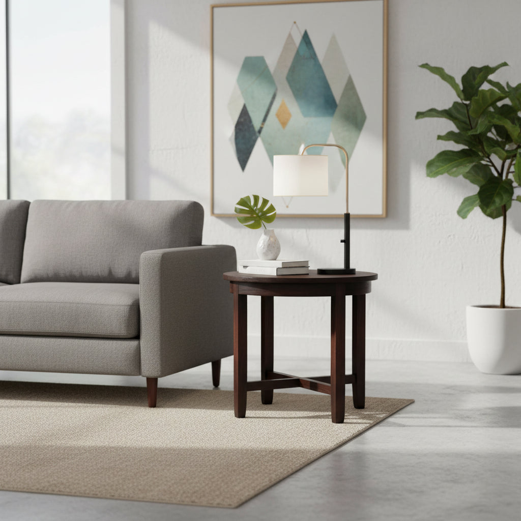 Modern living room with gray sofa, wooden side table, and decorative elements.