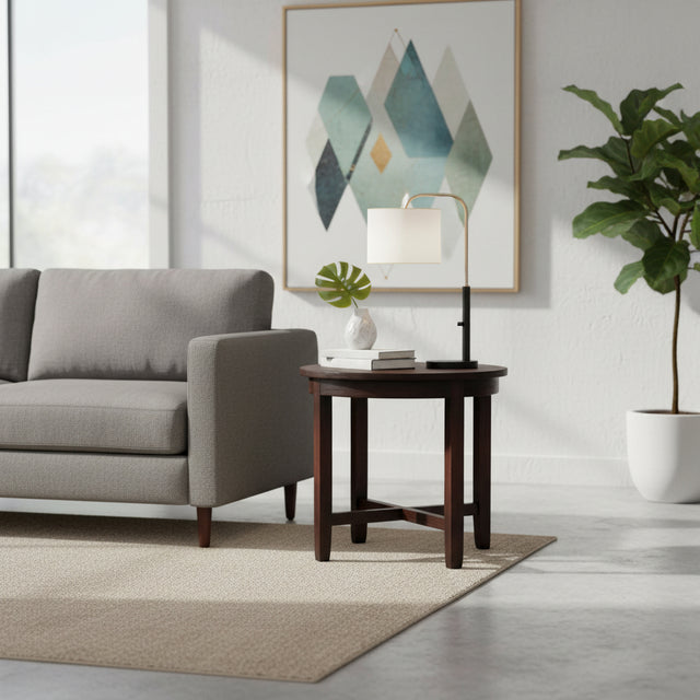 Modern living room with gray sofa, wooden side table, and decorative elements.